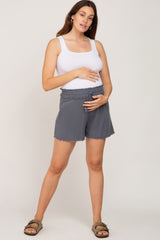 Charcoal Soft Linen Frayed Drawstring Maternity Shorts