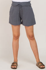 Charcoal Soft Linen Frayed Drawstring Maternity Shorts