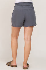 Charcoal Soft Linen Frayed Drawstring Maternity Shorts