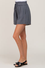 Charcoal Soft Linen Frayed Drawstring Shorts