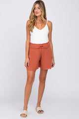 Rust Soft Linen Frayed Drawstring Maternity Shorts