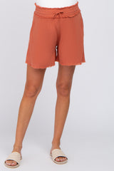 Rust Soft Linen Frayed Drawstring Maternity Shorts