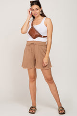 Taupe Soft Linen Frayed Drawstring Maternity Shorts