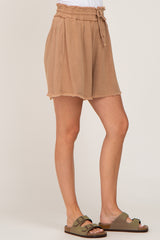 Taupe Soft Linen Frayed Drawstring Shorts