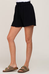 Black Soft Linen Frayed Drawstring Shorts