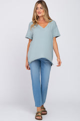 Light Blue Basic Rolled Short Sleeve Maternity Top