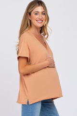 Rust Basic Rolled Short Sleeve Maternity Top