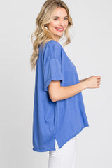 Blue Basic Rolled Short Sleeve Top