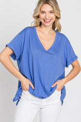 Blue Basic Rolled Short Sleeve Top