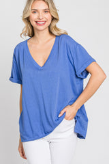 Blue Basic Rolled Short Sleeve Top