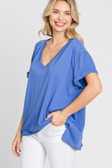 Blue Basic Rolled Short Sleeve Top