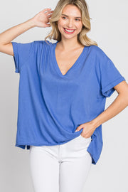 Blue Basic Rolled Short Sleeve Top