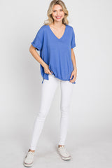 Blue Basic Rolled Short Sleeve Top