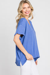 Blue Basic Rolled Short Sleeve Top