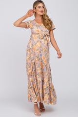 Peach Floral Tiered Maternity Maxi Dress