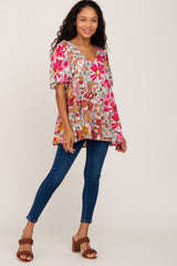 Fuchsia Floral V-Neck Ruffle Hem Short Sleeve Top