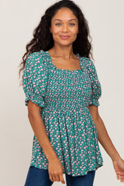 Green Floral Smocked Square Neck Short Sleeve Top