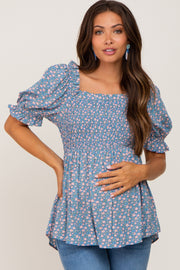 Blue Floral Smocked Square Neck Short Sleeve Maternity Top