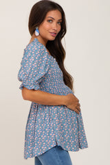 Blue Floral Smocked Square Neck Short Sleeve Maternity Top