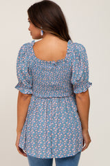 Blue Floral Smocked Square Neck Short Sleeve Maternity Top