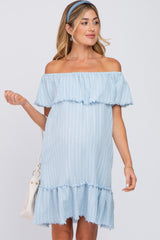 Light Blue Striped Off Shoulder Frayed Maternity Dress