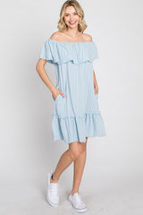 Light Blue Striped Off Shoulder Frayed Maternity Dress