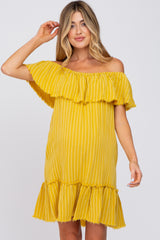 Mustard Striped Off Shoulder Frayed Maternity Dress