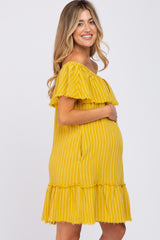 Mustard Striped Off Shoulder Frayed Maternity Dress