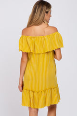 Mustard Striped Off Shoulder Frayed Maternity Dress