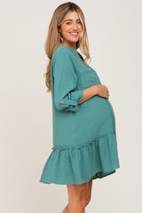 Sage Button Down Long Sleeve Ruffle Hem Maternity Dress