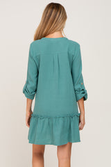 Sage Button Down Long Sleeve Ruffle Hem Maternity Dress