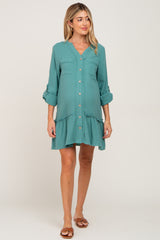 Sage Button Down Long Sleeve Ruffle Hem Maternity Dress