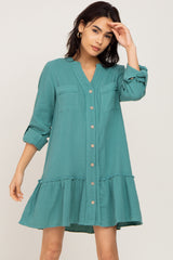 Sage Button Down Long Sleeve Ruffle Hem Maternity Dress