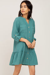 Sage Button Down Long Sleeve Ruffle Hem Dress