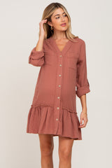 Rust Button Down Long Sleeve Ruffle Hem Maternity Dress