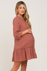 Rust Button Down Long Sleeve Ruffle Hem Maternity Dress