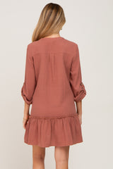 Rust Button Down Long Sleeve Ruffle Hem Maternity Dress