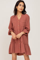 Rust Button Down Long Sleeve Ruffle Hem Maternity Dress