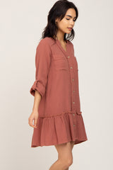 Rust Button Down Long Sleeve Ruffle Hem Dress