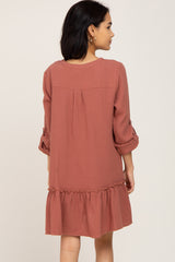 Rust Button Down Long Sleeve Ruffle Hem Dress