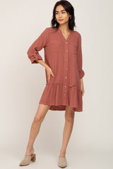 Rust Button Down Long Sleeve Ruffle Hem Dress