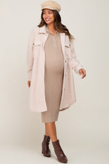 Beige Fleece Maternity Long Shirt Jacket