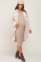 Beige Fleece Maternity Long Shirt Jacket