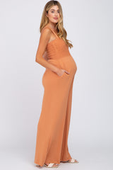 Orange Sleeveless Smocked Wide Leg Maternity Jumpsuit