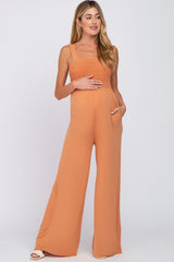 Orange Sleeveless Smocked Wide Leg Maternity Jumpsuit