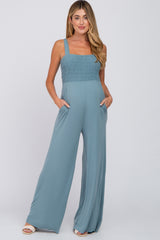 Blue Sleeveless Smocked Wide Leg Maternity Jumpsuit