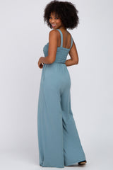 Blue Sleeveless Smocked Wide Leg Jumpsuit