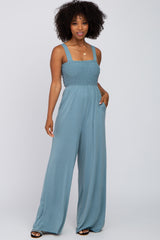 Blue Sleeveless Smocked Wide Leg Jumpsuit