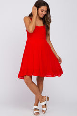 Red Sleeveless Smocked Ruffle Hem Maternity Dress