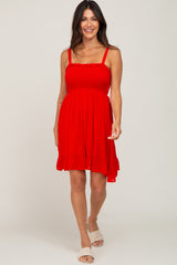 Red Sleeveless Smocked Ruffle Hem Maternity Dress